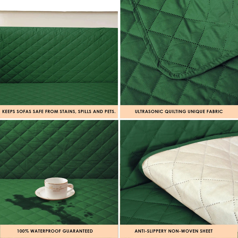 A green quilted sofa cover with a diamond pattern