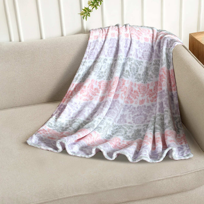 Floral Stripes Pink Lilic Fleece Blanket