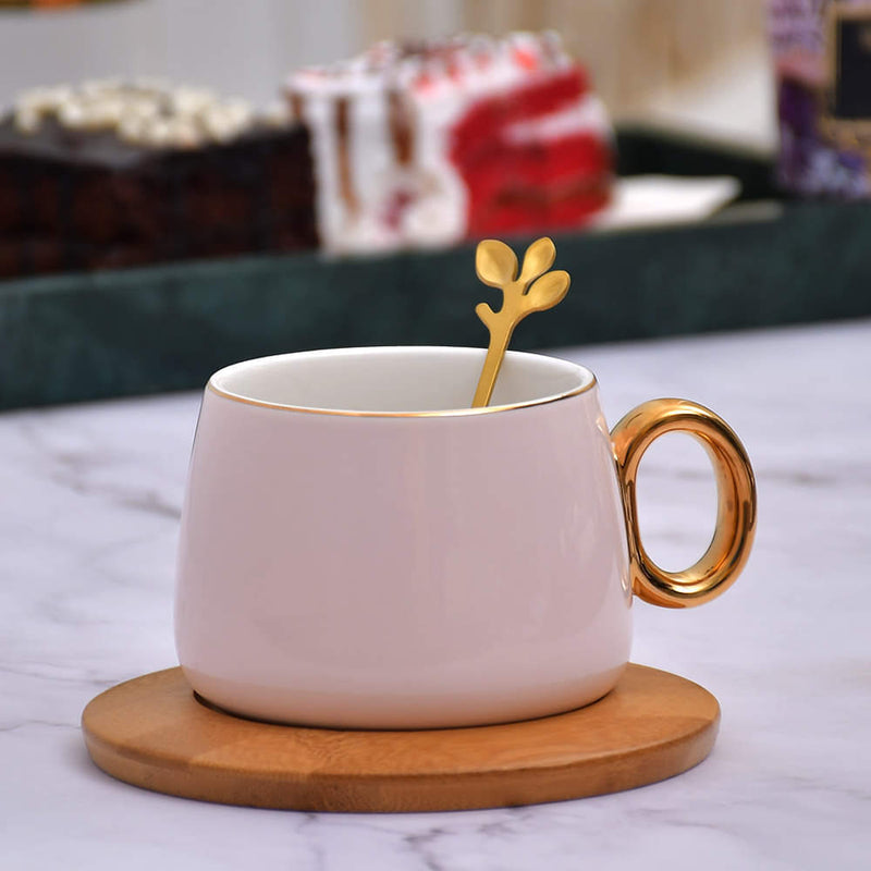 Vintage Pastel Cup With Wooden Saucer & Gold Plated Spoon