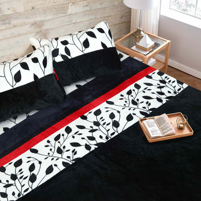 Black Red Leaves Printed Fleece Fitted Sheet