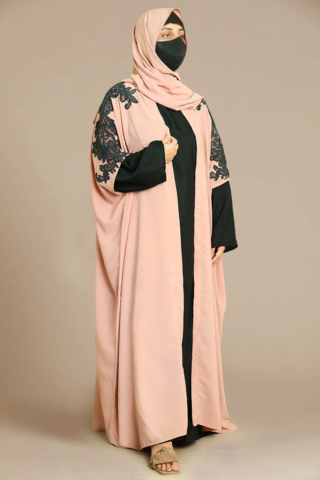 Black Floral Motif Open Abaya and Hijaab