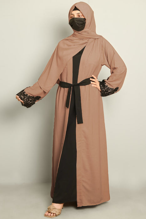 Black Laced Front Layered Summer Abaya and Hijaab