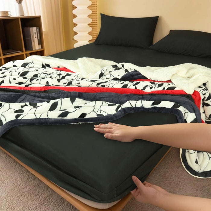 Black Red Leaves Sherpa Blanket and Fitted Sheet Set