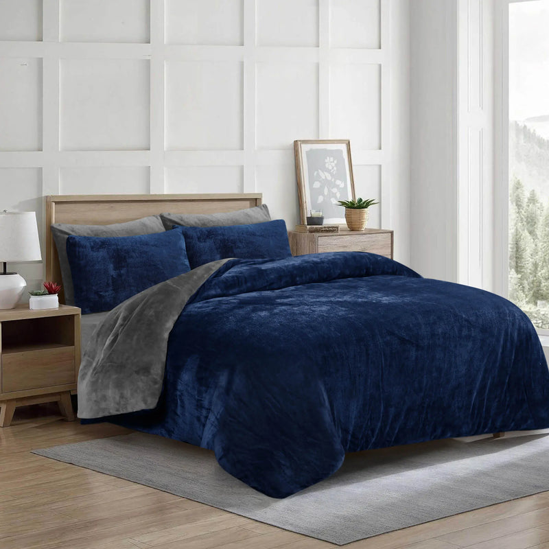 Fleece Bedsheet and Reversible Razaye 6pc Set Navy-Grey