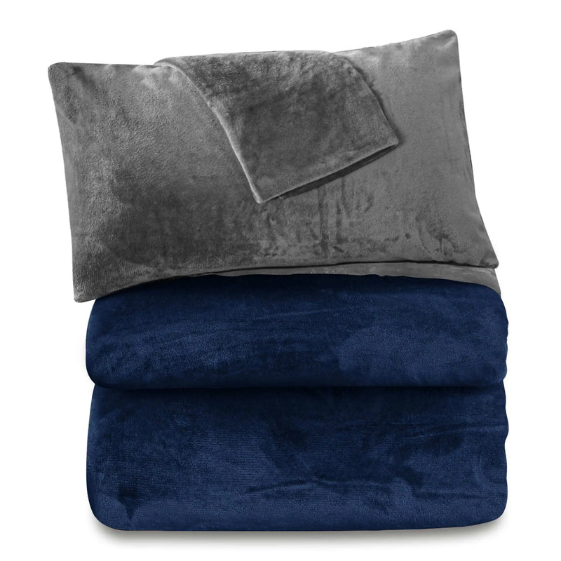 Fleece Bedsheet and Reversible Razaye 6pc Set Navy-Grey