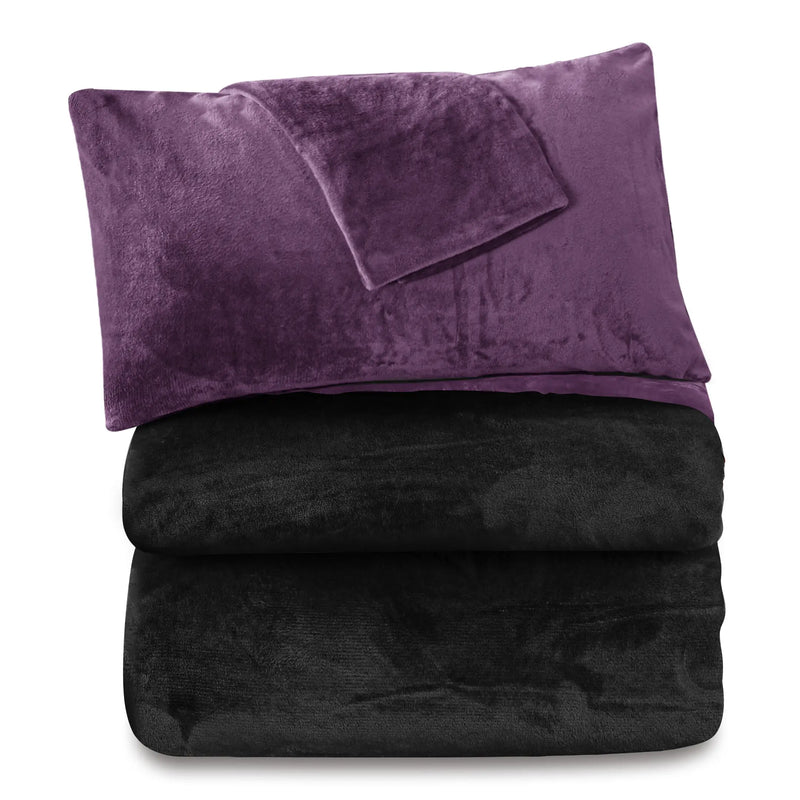 Fleece Bedsheet and Reversible Razaye 6pc Set Plum-Jet Black