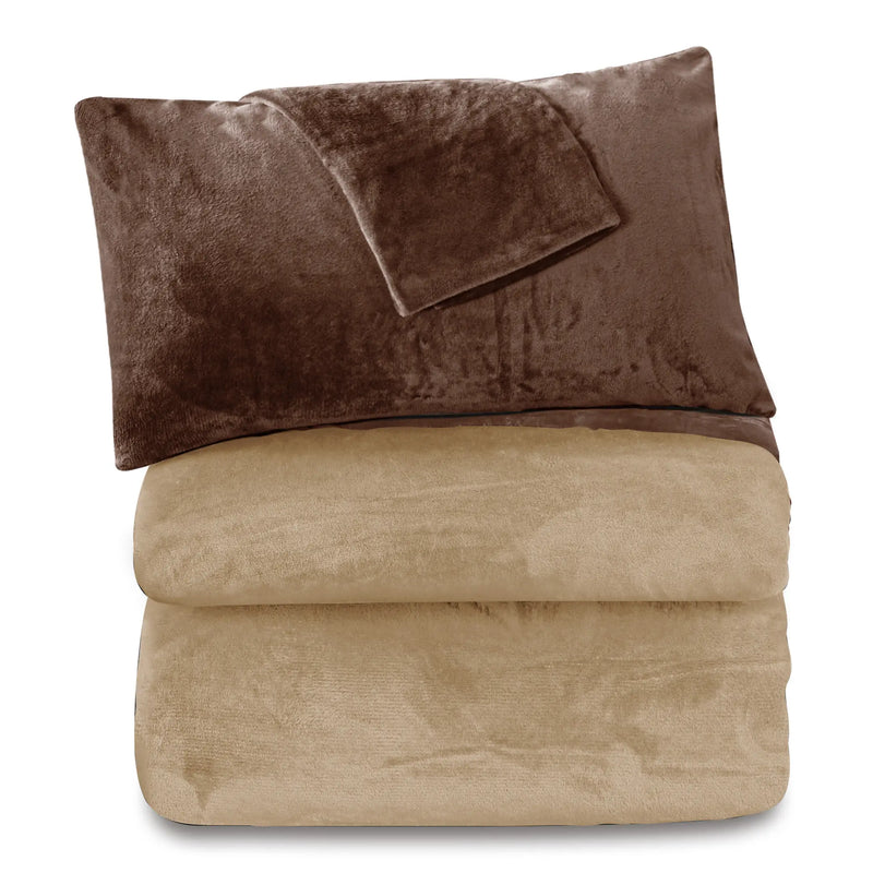 Fleece Bedsheet and Reversible Razaye 6pc Set Chocolate Brown-Sand