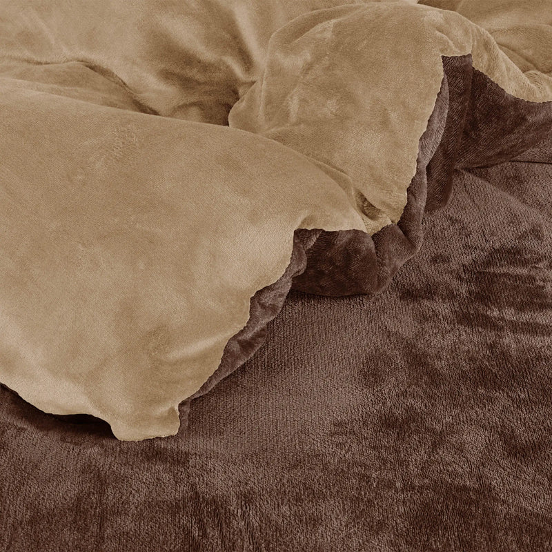 Fleece Bedsheet and Reversible Razaye 6pc Set Chocolate Brown-Sand