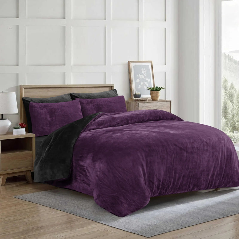 Fleece Bedsheet and Reversible Razaye 6pc Set Plum-Jet Black