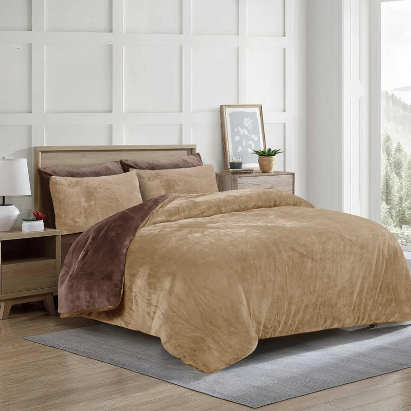 Fleece Bedsheet and Reversible Razaye 6pc Set Chocolate Brown-Sand