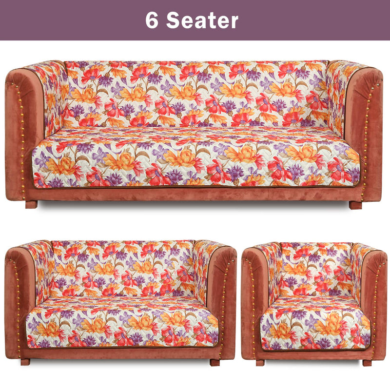 Five-seater sofa set with one large sofa and two single chairs, all in matching floral fabric and brown armrests.