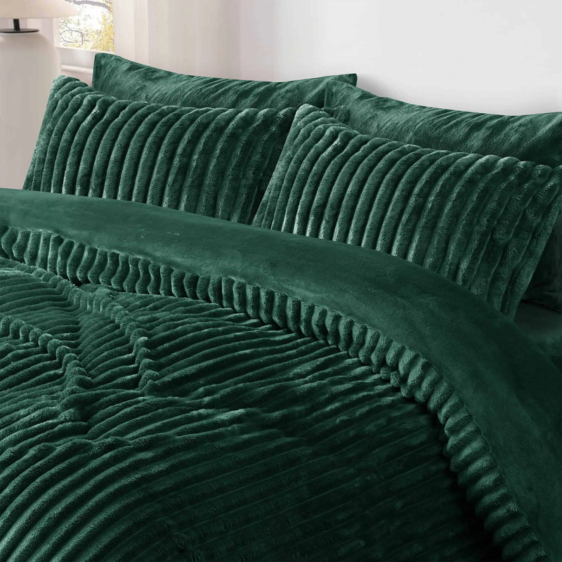 Jacquard Stripe Flannel Fleece 6pc Razaye Set-Bottle Green