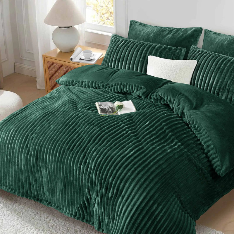 Jacquard Stripe Flannel Fleece 6pc Razaye Set-Bottle Green