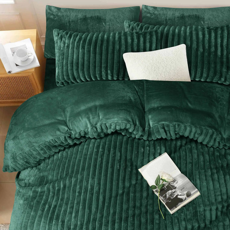 Jacquard Stripe Flannel Fleece 6pc Razaye Set-Bottle Green