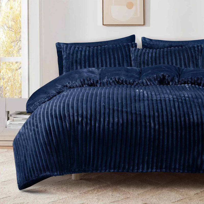 Jacquard Stripe Flannel Fleece 6pc Razaye Set-Navy