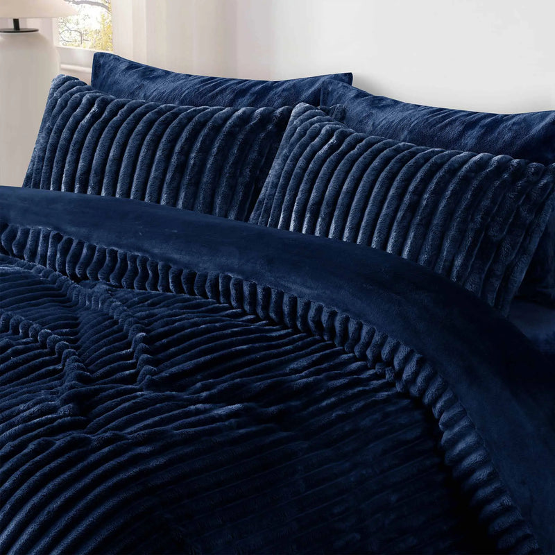 Jacquard Stripe Flannel Fleece 6pc Razaye Set-Navy