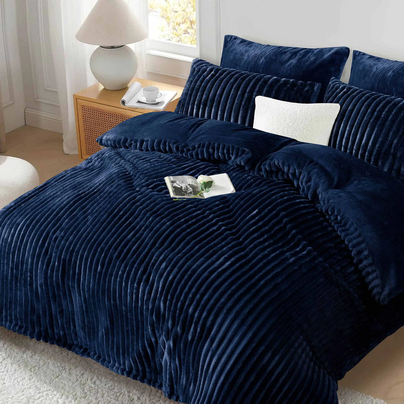 Jacquard Stripe Flannel Fleece 6pc Razaye Set-Navy