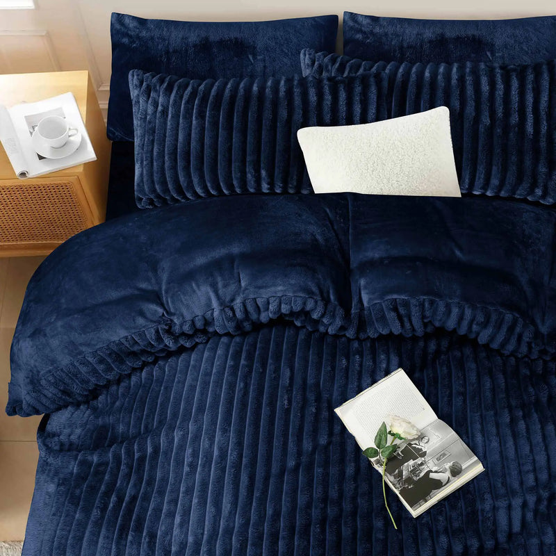 Jacquard Stripe Flannel Fleece 6pc Razaye Set-Navy