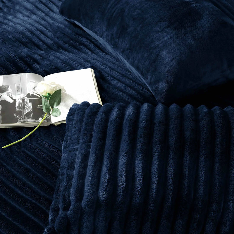 Jacquard Stripe Flannel Fleece 6pc Razaye Set-Navy