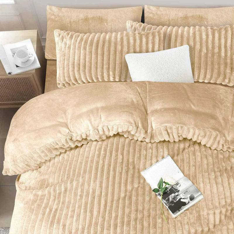 Jacquard Stripe Flannel Fleece 6pc Razaye Set-Sand