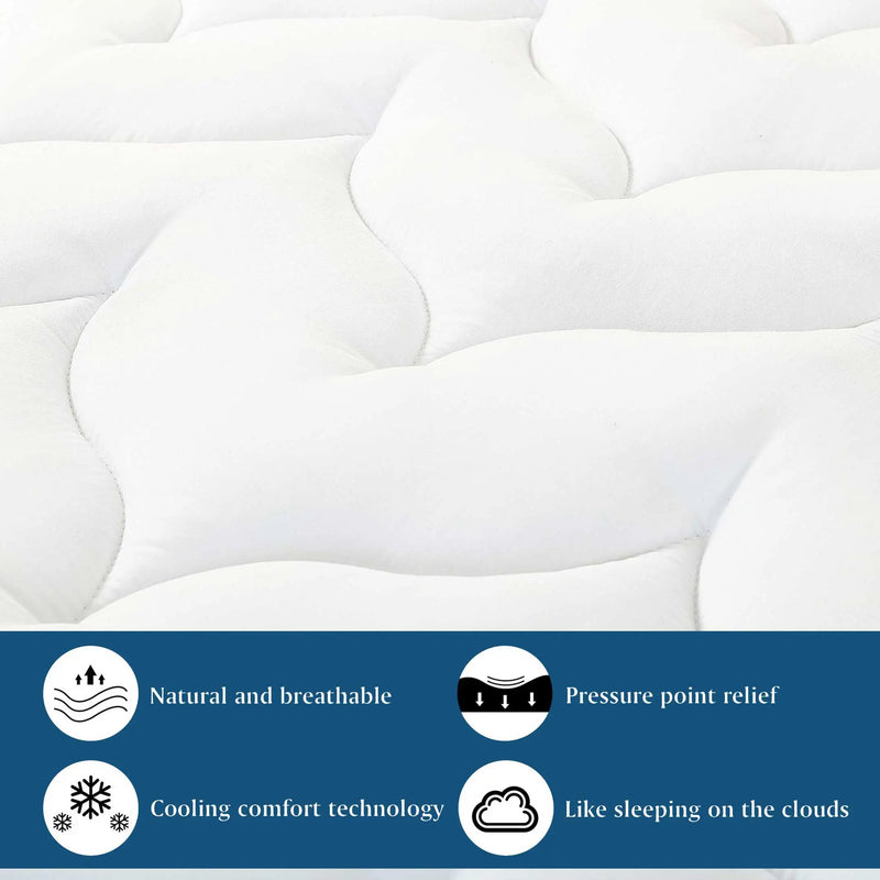 Top-down view of a neatly made bed with white quilted mattress and colorful pillows.
