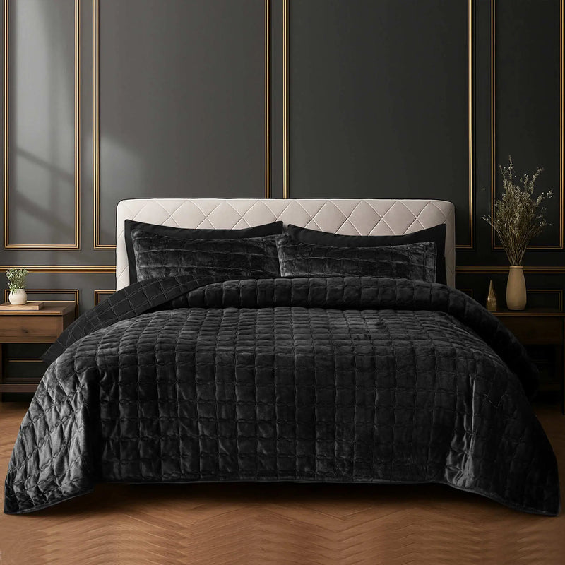 Luxury Quilted Fleece 6pc Bedding Set-Jet Black