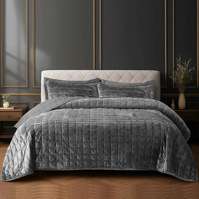 Luxury Quilted Fleece 6pc Bedding Set-Grey