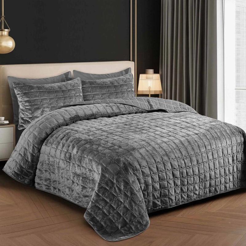Luxury Quilted Fleece 6pc Bedding Set-Grey