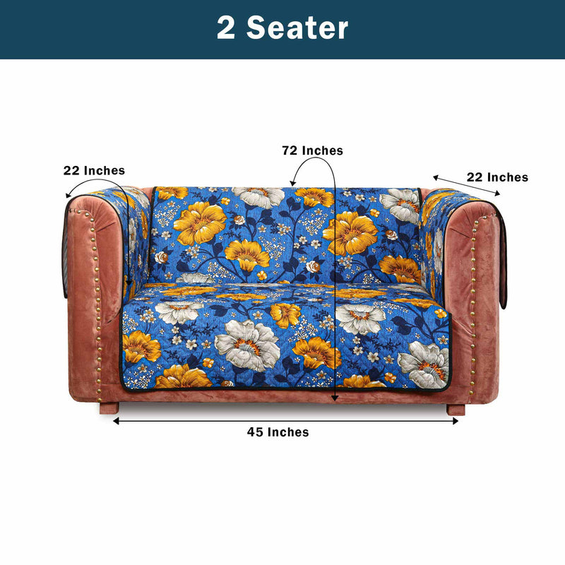 Full set showing 2-seater and 5-seater configurations with the same blue floral cover on pink upholstered arms.