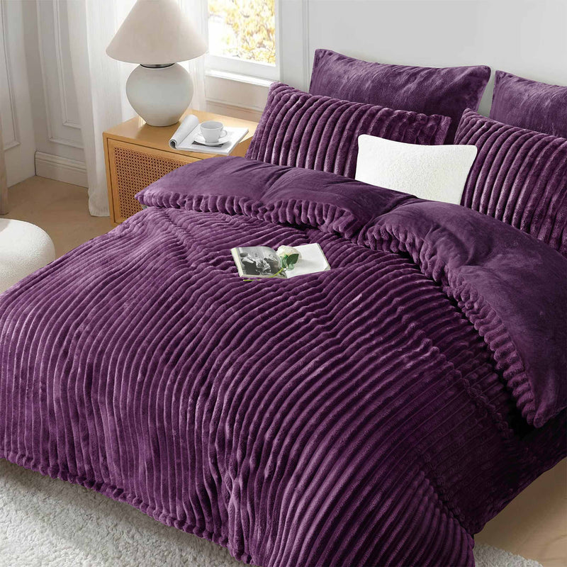 Jacquard Stripe Flannel Fleece 6pc Razaye Set-Plum