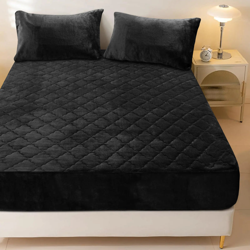 Plush Quilted Fleece Fitted Sheet Jet Black