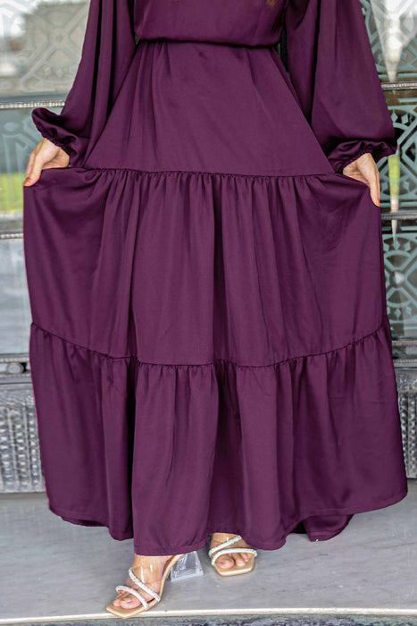 Puff Sleeves Wine Tiered Dress
