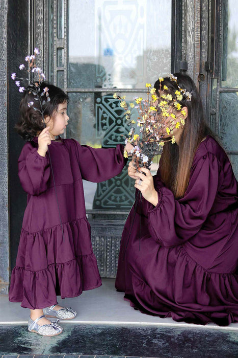 Puff Sleeves Wine Tiered Dress (Mom & Mini)