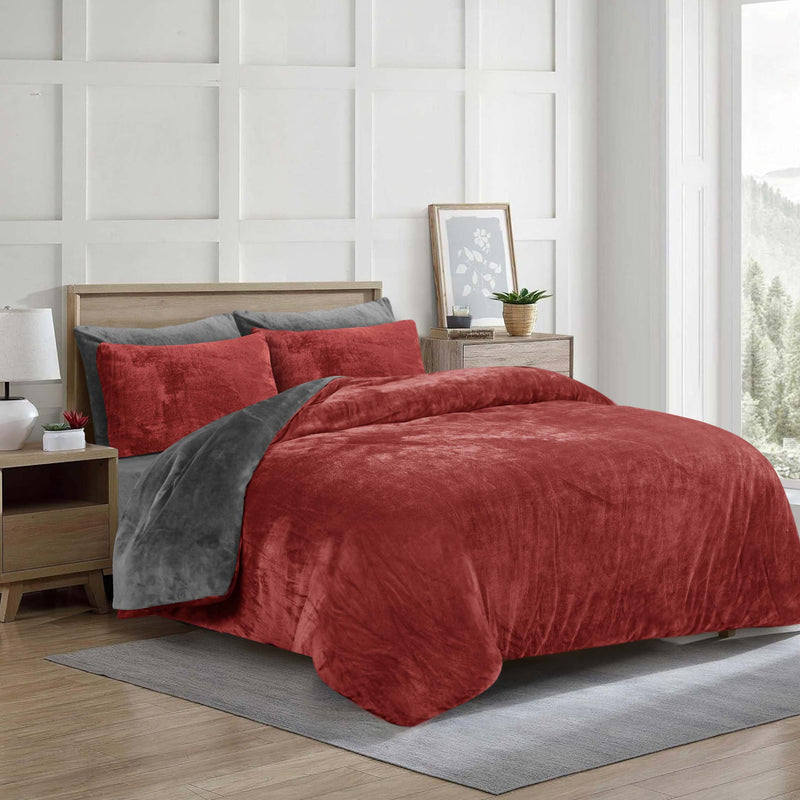 Fleece Bedsheet and Reversible Razaye 6pc Set Burgundy-Grey