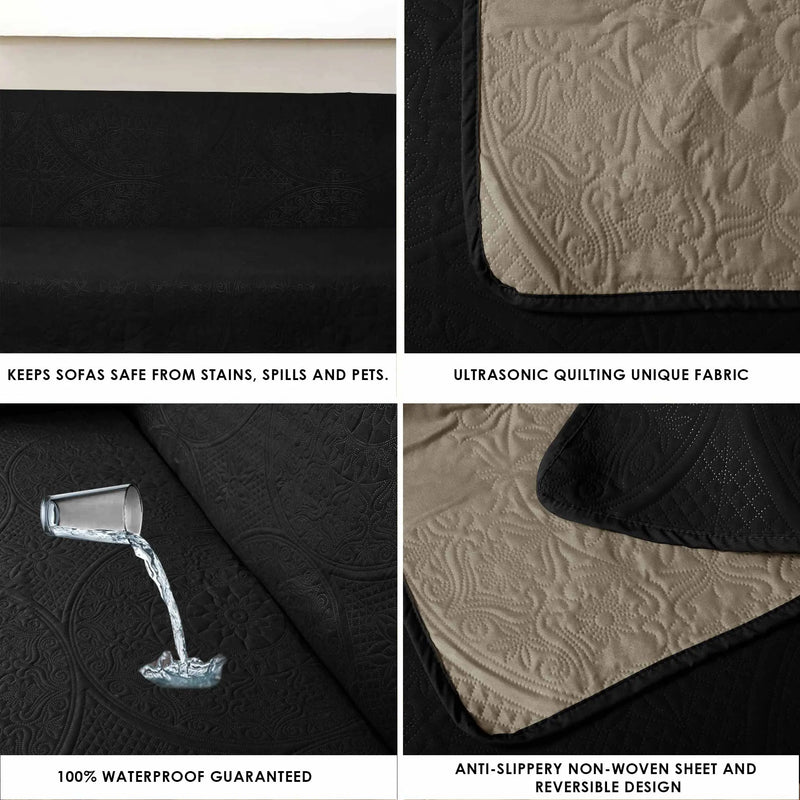 Reversible 100% Waterproof Quilted Sofa Cover Black-Sand