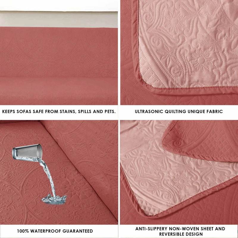Reversible 100% Waterproof Quilted Sofa Cover Carrot-Pink