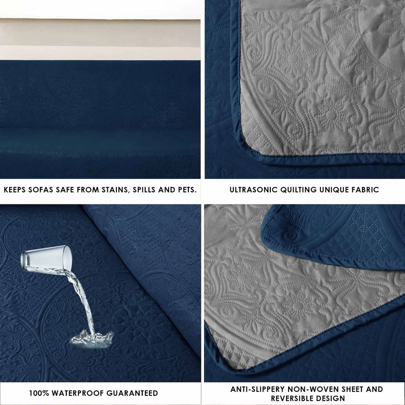 Reversible 100% Waterproof Quilted Sofa Cover Navy-Grey