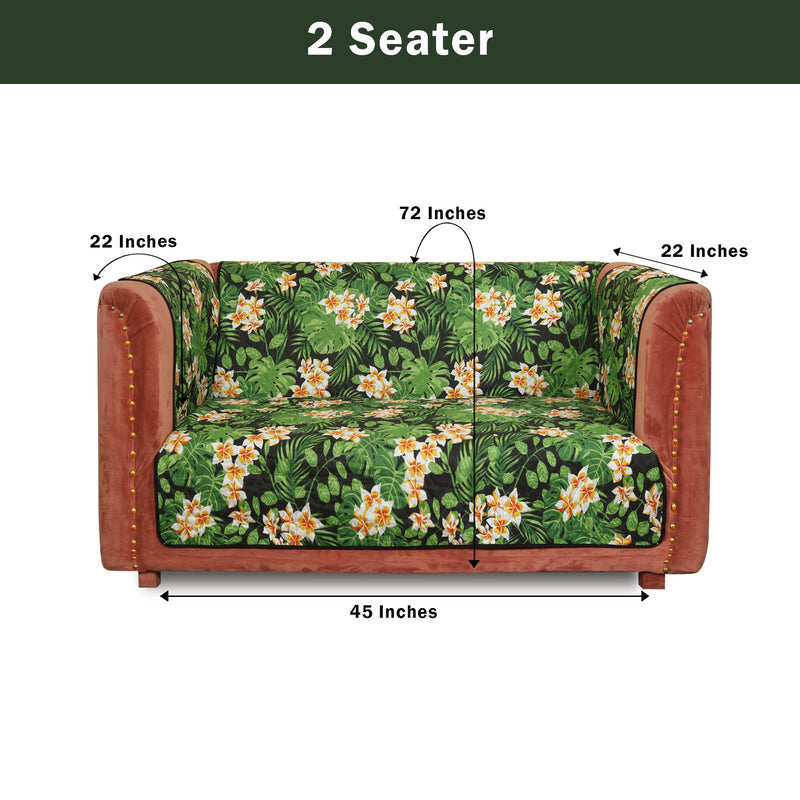 Set of two and three seater sofa covers in tropical print for 5, 6, 7 seat configurations.