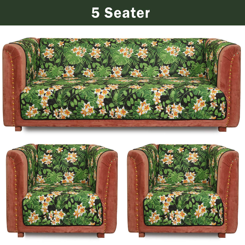 Green tropical floral sofa cover displayed on 3-seat and 2-seat sofas, showing pattern and sizes.