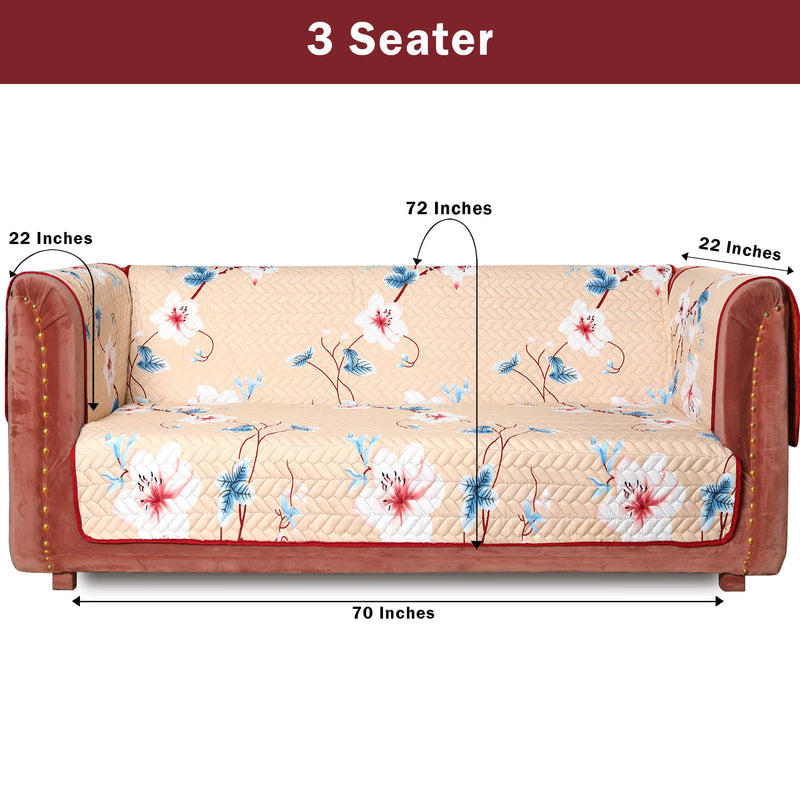 Beige floral quilted sofa cover set for 3 seater with matching arm covers