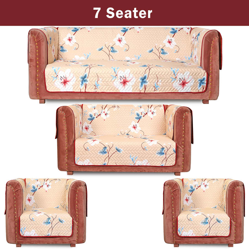 Six-seater sofa with floral quilted cover showing edge and armrest coverage