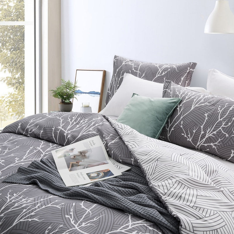 Microfiber Duvet Cover with Pillow Cases Grey Boughs Design