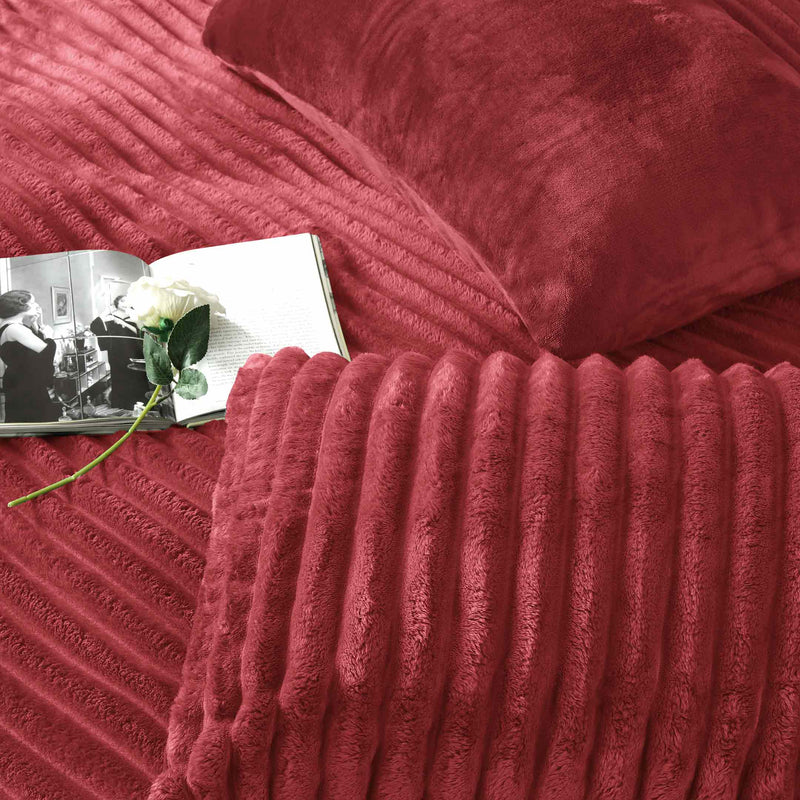Jacquard Stripe Flannel Fleece 6pc Razaye Set-Burgundy