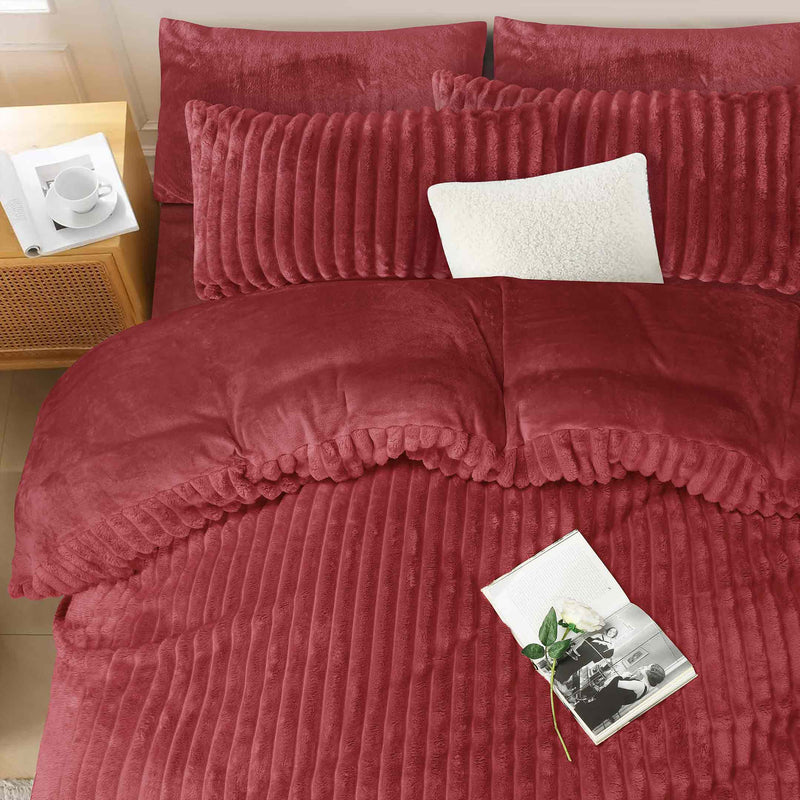 Jacquard Stripe Flannel Fleece 6pc Razaye Set-Burgundy