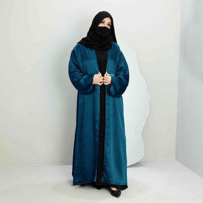 teal silk interlined open abaya and hijaab