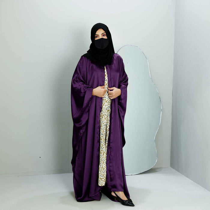 plum open butterfly silk abaya and hijaab