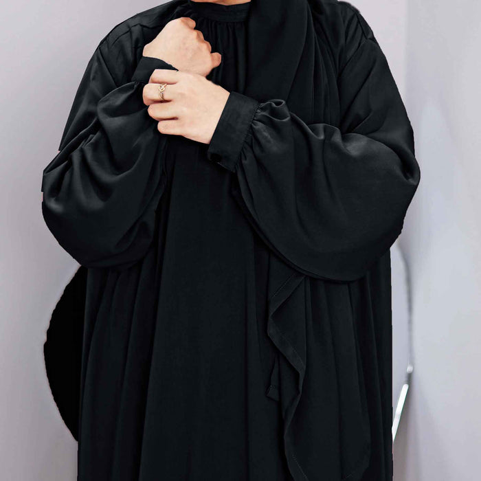 black neck gathers abaya and hijaab