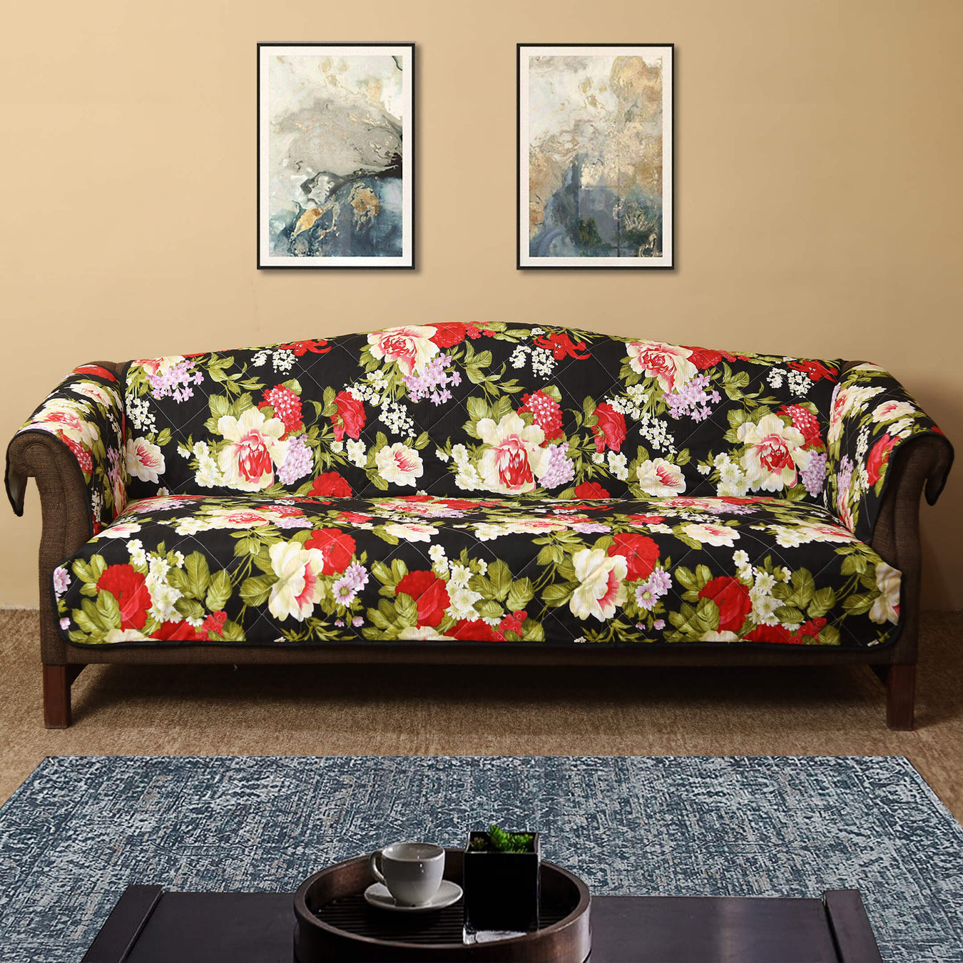 red roses quilted sofa cover set