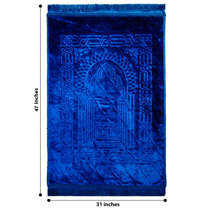 premium quality anti slippery embossed fleece ethnic print prayer mat royal blue