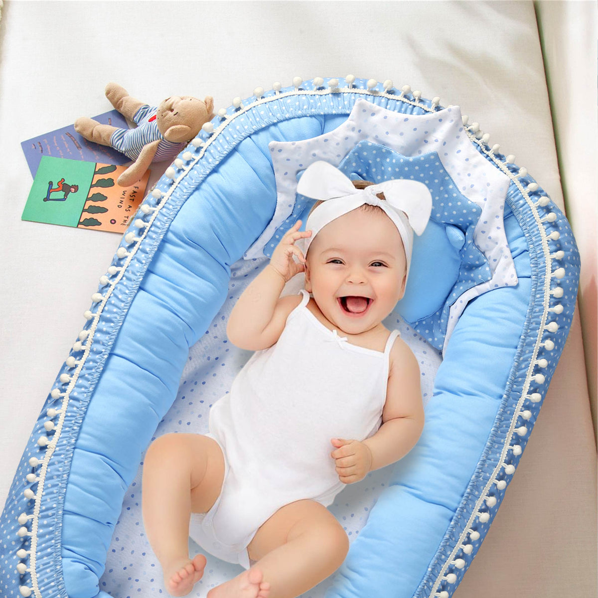 Blue And White Dots Baby Snuggle Bed — Cotton Passion